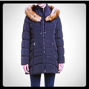 Laundry By Shelli Segal Blue Puffer Coat with Faux Fur Hood